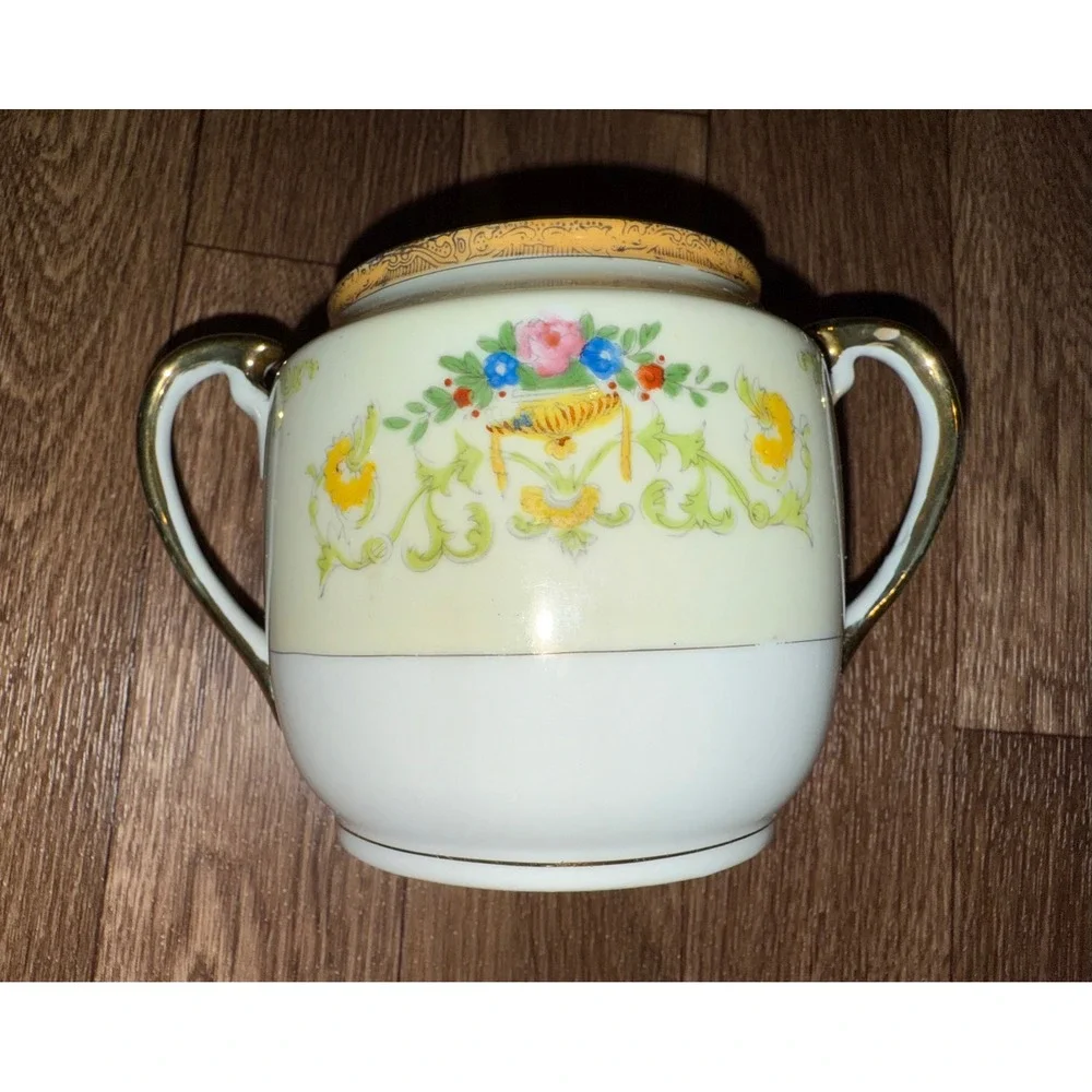 Vintage Cream Floral Sugar Bowl with‎ Lid and Creamer Set Made in Japan